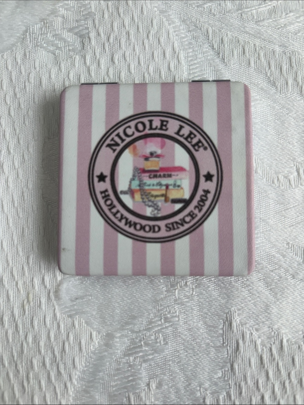 Nicole Lee Pink White Striped Purse Mirror with Logo Badge Hollywood since 2004